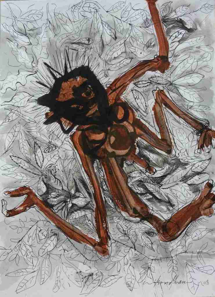 El salto Técnica mixta sobre papel 300 grs Medidas 27,9 × 38,1 cms Autor Wilson Abreu Origen República Dominicana. Año 2018