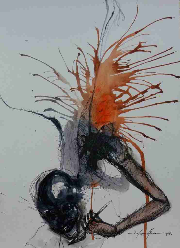 Gravitaciones. Wilson Abreu. Obra: Hombre tinta Serie Gravitaciones. Técnica mixta sobre papel 300 grs Medidas 27,9 x 38,1 cms Autor Wilson Abreu Origen República Dominicana. Año 2018