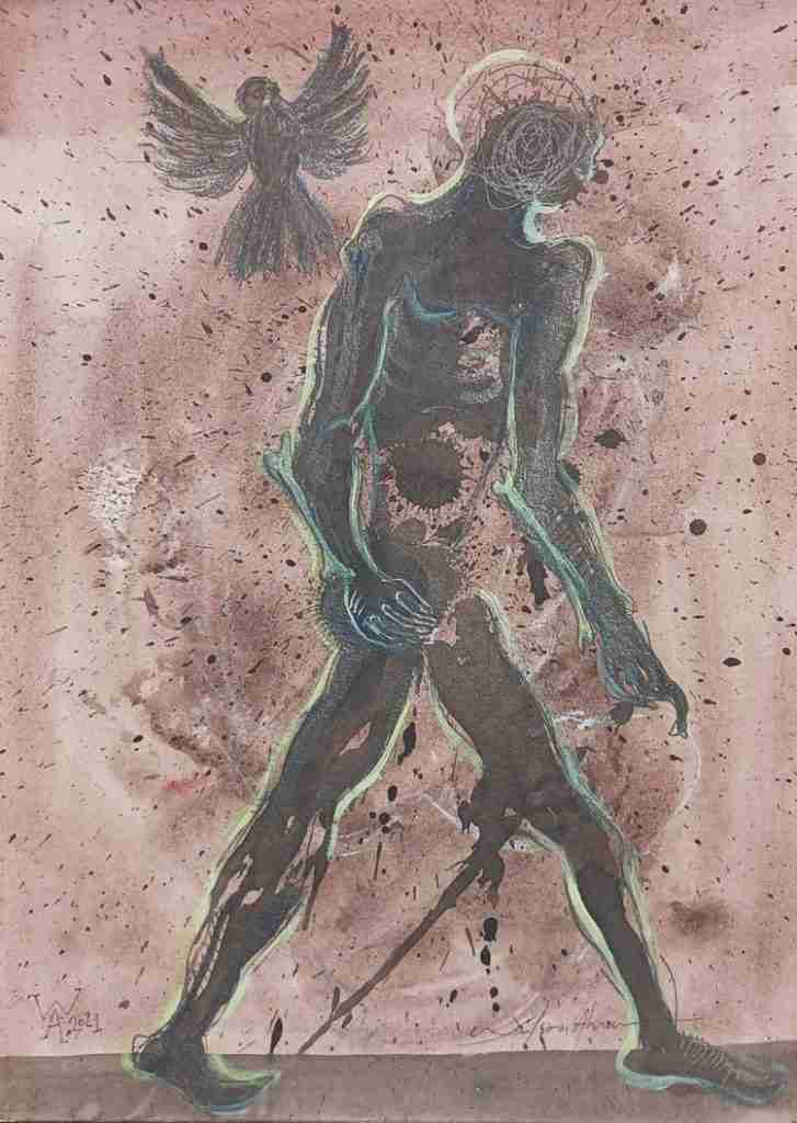 Serie Tiempos Oscuros. Wilson Abreu. El cuervo y mi sombra. Serie Tiempos Oscuros. Mixta papel 300 grs 15 x 11 pulgadas. Año 2021