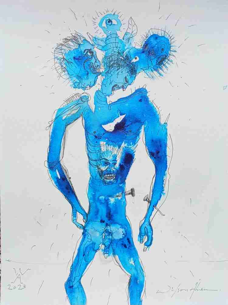 Serie Mutante. Wilson Abreu. Sujeto de cuerpo azul. Serie Mutante. Tinta Papel 300 grs. 12 x 9 pulgadas. Año 2023