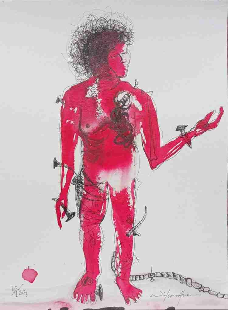Serie Mutante. Wilson Abreu. Sujeto rojo. Serie Mutante. Tinta Papel 300 grs. 12 x 9 pulgadas. Año 2023
