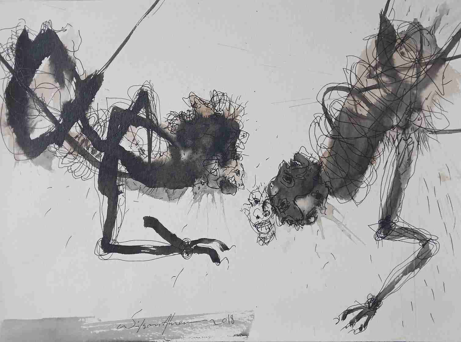Wilson Abreu. Título Encuentro. Tinta sobre papel 300 grs. 11 x 15 pulgadas. Año 2018