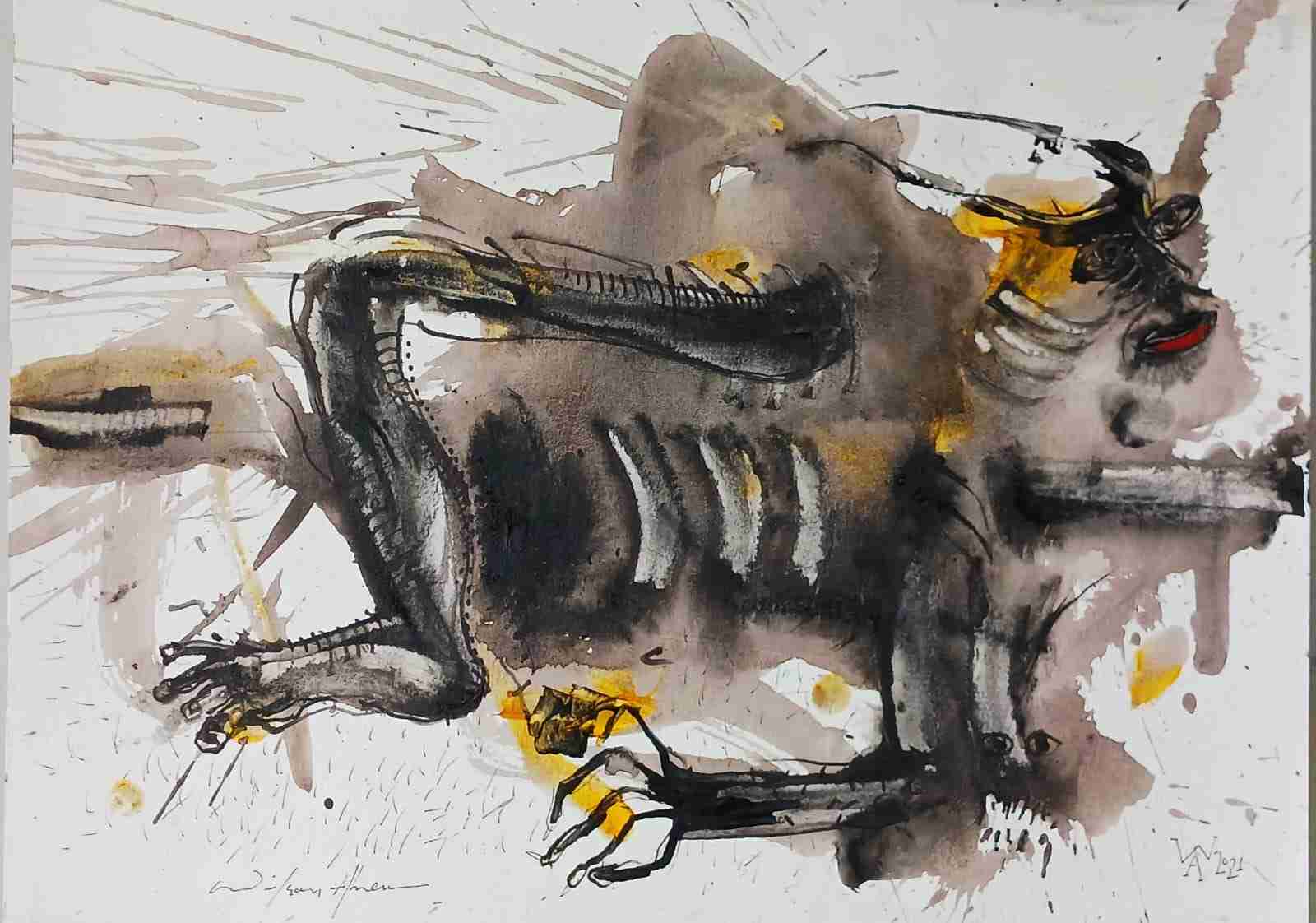 Wilson Abreu. Título La Bestia. Acrílica sobre papel 300 grs. 11 x 15 pulgadas. Año 2021